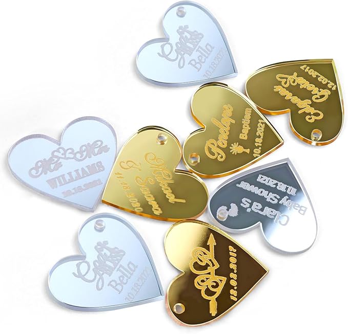 30Pcs Custom Wedding Mirror Tags with Holes,Personalized Acrylic Heart Tags,Lettering Name Logo for Baby Shower Favor Valentines Day Handmade Items Wedding Favors Birthday Party
