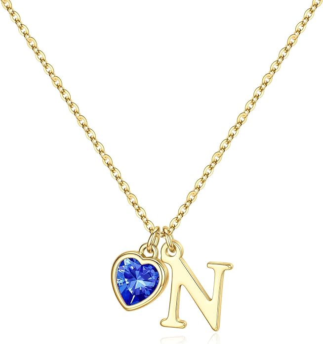 Turandoss Valentines Day Gifts for Her Trendy, Dainty 14K Gold Plated Initial A-Z Heart Birthstone Pendant Necklace Personalized Bridesmaid Birthday Valentines Jewelry Gifts for Women Girls