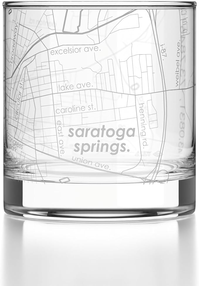 Well Told Engraved Saratoga Springs New York Map Rocks Glass, Old Fashioned Glassware (11 oz, Clear) Etched Bourbon Tumbler, Gifts For Whiskey Lovers