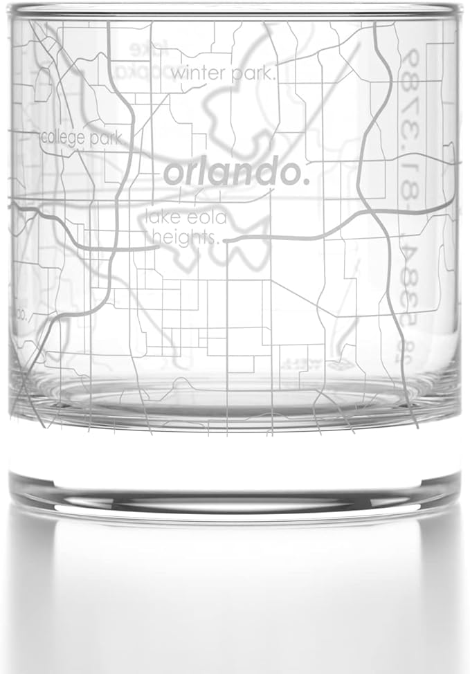 Well Told Engraved Orlando Florida Map Rocks Glass, Old Fashioned Whiskey Glass (11 oz, Clear) Etched Whiskey Glass, Gifts For Whiskey Lovers
