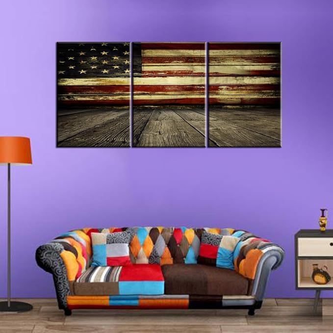 Wall Pictures for Living Room Native American USA Flag Wall Art on Canvas Wooden Floor Paintings 3 Piece Patriotic Artwork Giclee Contemporary House Decor Framed Stretched Ready to Hang(42''Wx20''H)