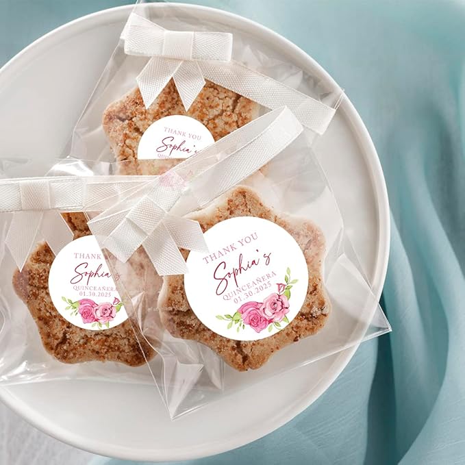 Andaz Press 40-Pack Personalized 2" Round Circle Quinceañera Labels, Pink Roses Custom Thank You Sticker Labels for Mis Quince Favors, Invitations, XV, 15th Birthday Quinceanera Decorations