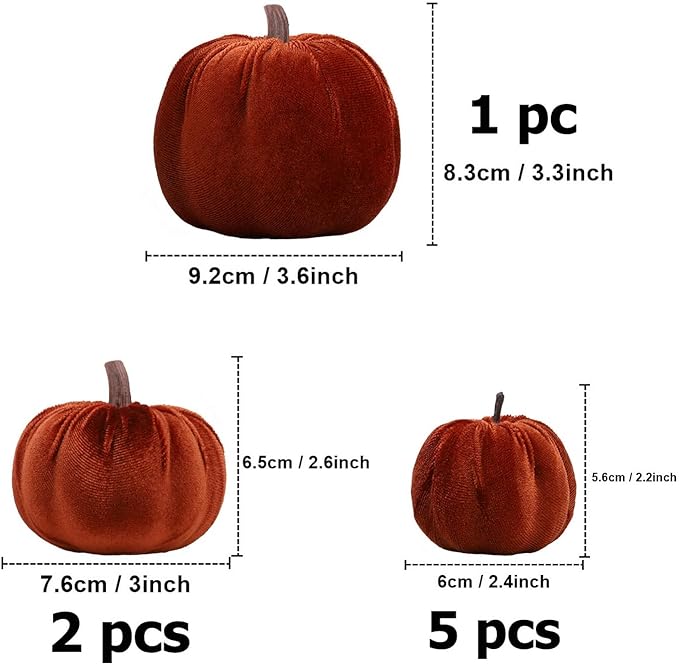 Woration 8pcs Artificial Pumpkins Halloween Decorations Velvet Fake Fabric Pumpkin Assorted Sizes Brown Fall Harvest Table Decor Farmhouse Decorations for Home