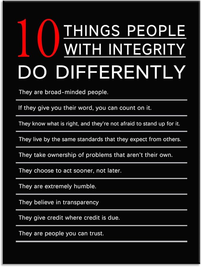 Inspirational Canvas Poster 10 Thing People with integrity do Differently Quotes Motivational Wall Art Prints Framed for Classroom Library Modern Home Wall Decor Framed Ready to Hang [30''W X 40''H]