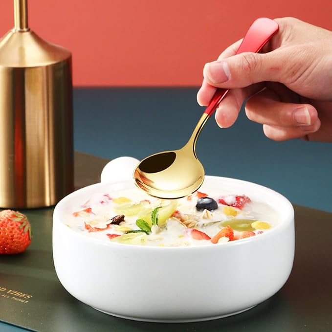 Metal Soup Spoons,Stainless Steel Spoons for Soup Round Colorful Dinner Spoons Thick Short handle Table Spoon 6.3-Inch, Set of 5 (Gold)