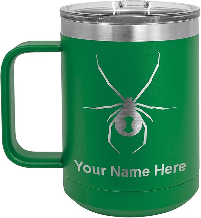 LaserGram 15oz Vacuum Insulated Coffee Mug, Widow Spider, Personalized Engraving Included (Green)