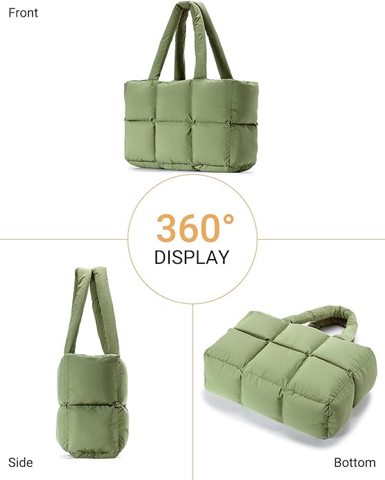 Herald Puffer Tote Bag for Women, Large Quilted Puffy Handbag Lightweight Satchel Purse with Cup Holder & Compartment
