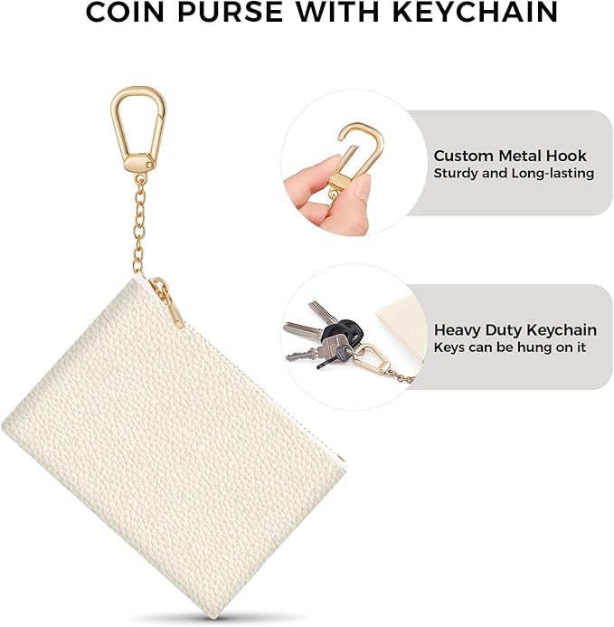 Beige White Keychain Coin Purse for Women, Small PU Leather Change Pouch, Zipper Little Tiny Travel Wallet for Girls, Cute Kawaii Zip Pocket Coin Holder with Key Ring