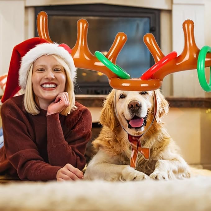 4 Pack Inflatable Reindeer Antler Ring Toss Game (4 Antlers 16 Rings 1 Pump) Reindeer Antler Hat Ring Toss for Xmas Party Great Christmas Games for Families