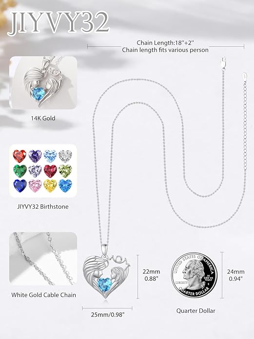 Mother and Daughter/Son Love Heart Necklace White Gold/14K Gold/Rose Gold Birthstone Jewelry Christmas Mothers Day Birthday Gifts For Mom Wife Grandma Women