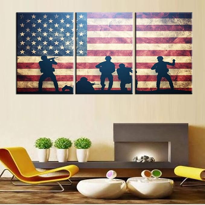 Native American Pictures Stars Stripes USA Flag Paintings Patriotic Soldier Artwork for Living Room 3 Pcs Prints Wall Art on Canvas Giclee Home Decorations Framed Stretched Ready to Hang(60''Wx 28''H)