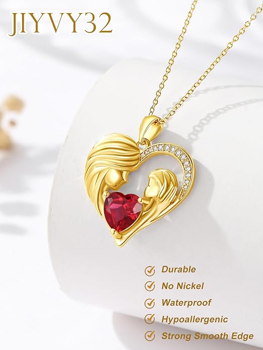 Mother and Daughter/Son Love Heart Necklace White Gold/14K Gold/Rose Gold Birthstone Jewelry Christmas Mothers Day Birthday Gifts For Mom Wife Grandma Women