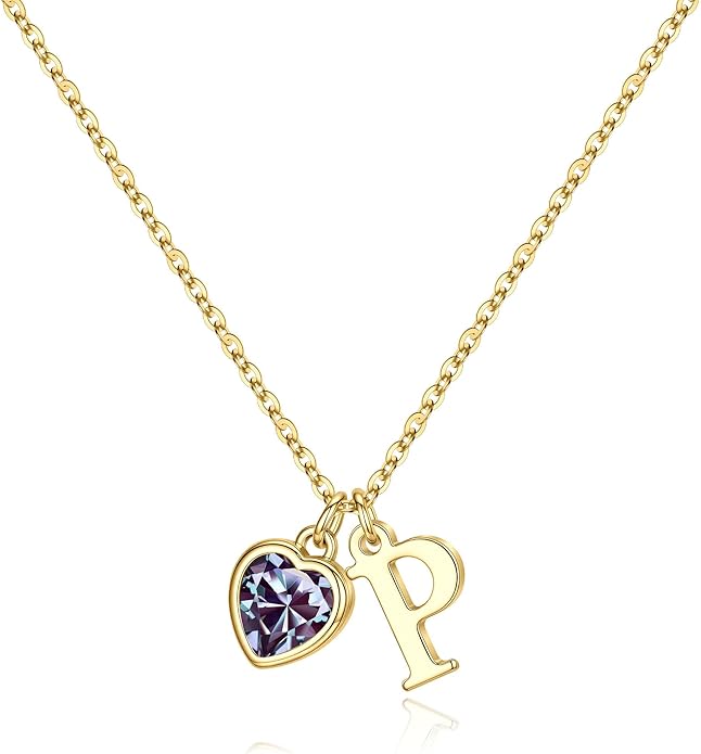 Turandoss Valentines Day Gifts for Her Trendy, Dainty 14K Gold Plated Initial A-Z Heart Birthstone Pendant Necklace Personalized Bridesmaid Birthday Valentines Jewelry Gifts for Women Girls