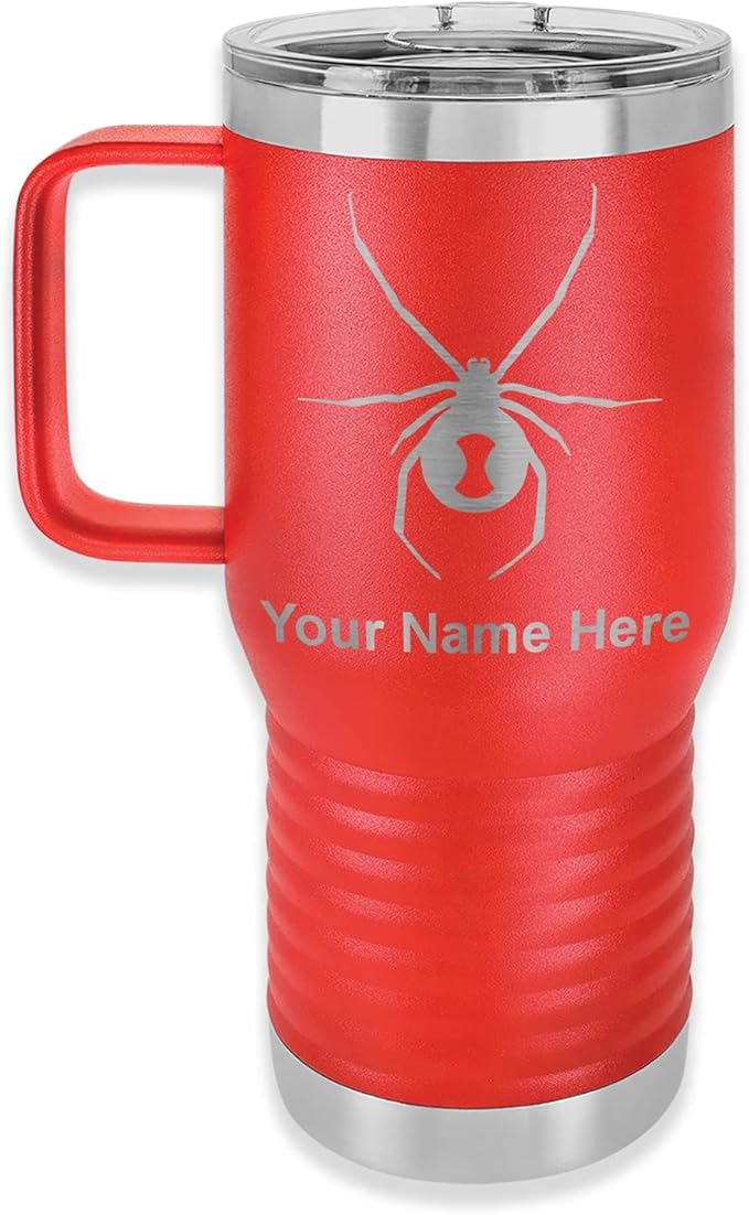 LaserGram 20oz Vacuum Insulated Travel Mug with Handle Widow Spider, Personalized Engraving Included (Red)