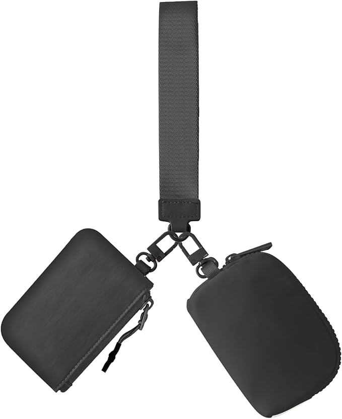Dual Pouch Wristlet Keychain Wallets for Women with 2 Detachable Zipper Coin Purse - Small and Portable Mini Card Wallet for Women Men Black+Black