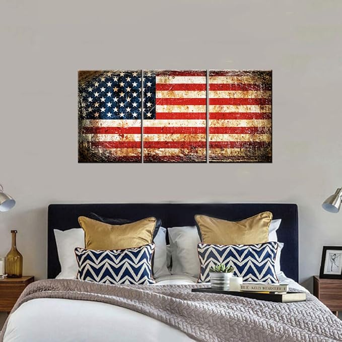 Wall Art for Living Room Native American Flag Red Pictures Star Stripes Patriotic Paintings 3 Piece Prints Artwork on Canvas Modern House Decor Framed Gallery-Wrapped Ready to Hang(42''Wx20''H)