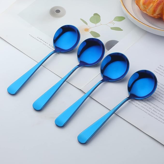 Buyer Star 8 Pieces Stainless Steel Round Soup Spoon, 6.3 Inch Mirror Polished Spoon Cutlery, Dishwasher Safe (Blue)