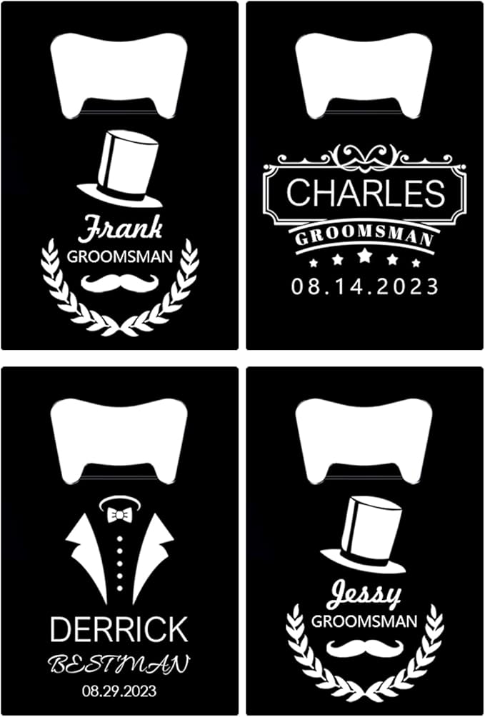 4PCSPersonalized Bottle Openers Credit Card Size, Groomsmen Best Man Gifts for Wedding Bachelor Party, Stainless Steel Beer Bottle Opener