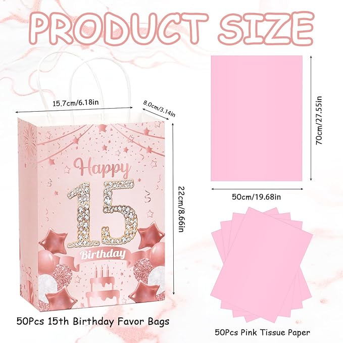 50Pcs 15th Birthday Party Favors Gift Bags Bulk, Black and Gold Happy 15th Gift Candy Wrap Bags with Tissue Paper, Vintage 15th Birthday Decorations Souvenir Bag for Men Women Anniversary Supplies (15th)