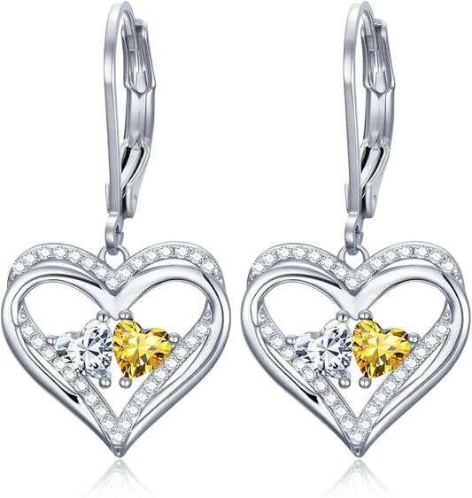 Heart Leverback Earrings Double Birthstone Dangle Earrings for Women, Love Jewelry for Her, Christmas Gifts for Women, Anniversary Birthday Gift for Mom Wife Girlfriend