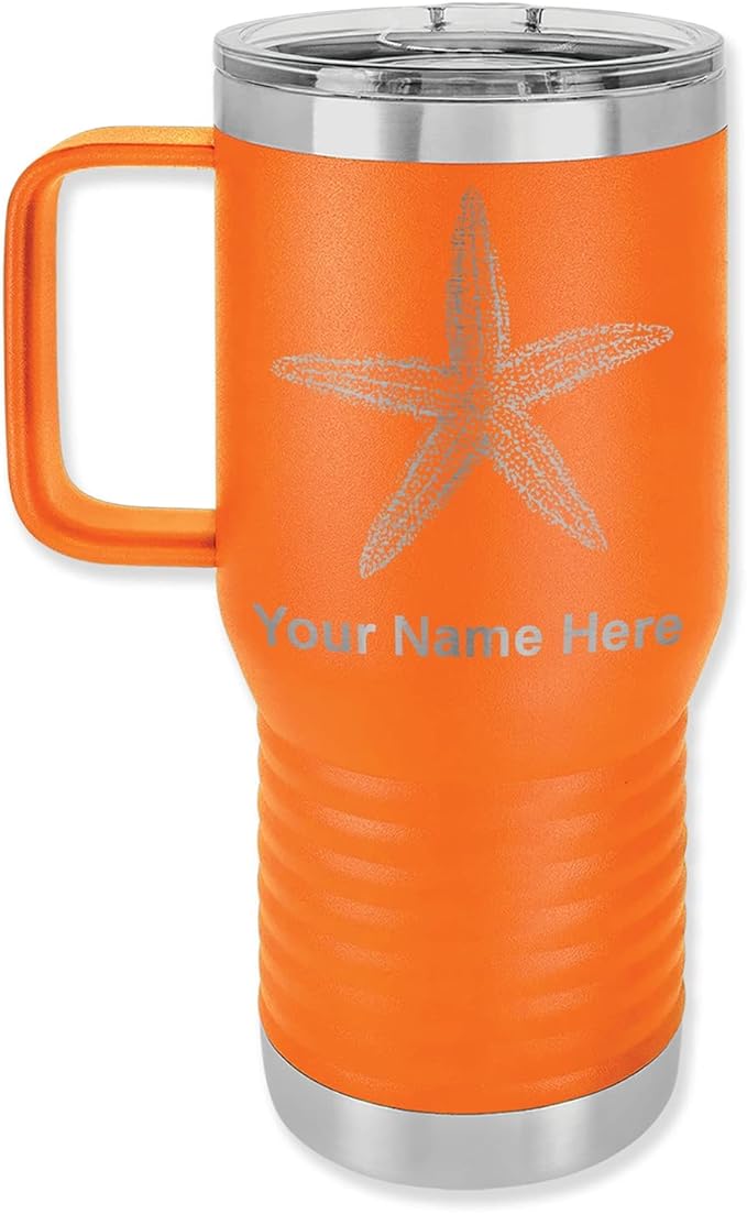 LaserGram 20oz Vacuum Insulated Travel Mug with Handle, Starfish, Personalized Engraving Included (Orange)