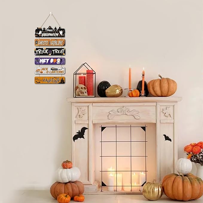 CHDITB Happy Halloween Wooden Sign, Spooky Ghosts Goblins Wood Hanging Plaque, Halloween Front Door Sign, Festive Wall Art Sign Hanger, Seasonal Holiday Wall Decor for Outdoor Porch Yard Party Decor