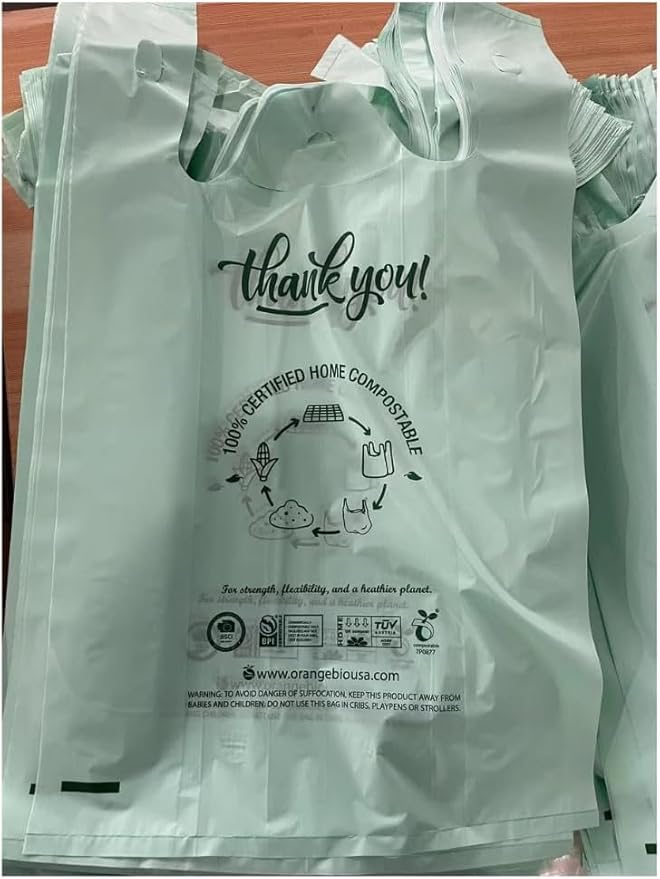 (Large) OrangeBio Certified Home Compostable Shopping Bags, 200ct, 12"x 6" x 20" (Extra Thick), Hold 20 lbs, Thank You/Grocery/Take Out/T Shirt/To-Go Bags for Retail, Grocery Store