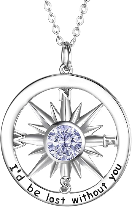 S925 Necklace Birthstone Compass Gift for Women Jewelry Sterling Silver Necklace for Wife Wedding Anniversary Girlfriend Birthday Gifts for Her Valentines Day Mom Mothers Day
