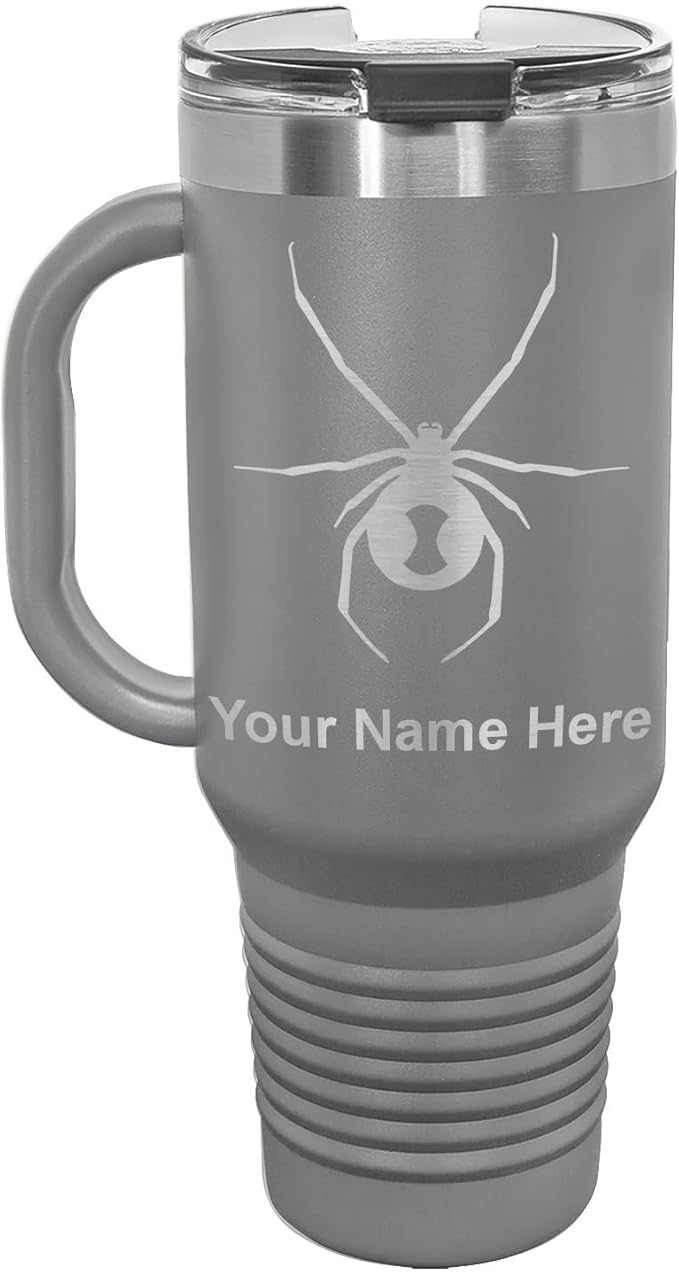 40oz Vacuum Insulated Travel Mug with Handle, Black Widow Spider, Personalized Engraving Included (Gray)