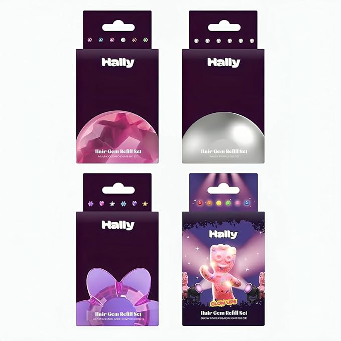 Hally Hair 360 Refill for Hair Gems - Multicolored Adhesive Jewels Only (No Stamper) – Hearts, Stars, Flowers, Pearls – Blacklight Glow – Hair Accessories for Girls & Teens
