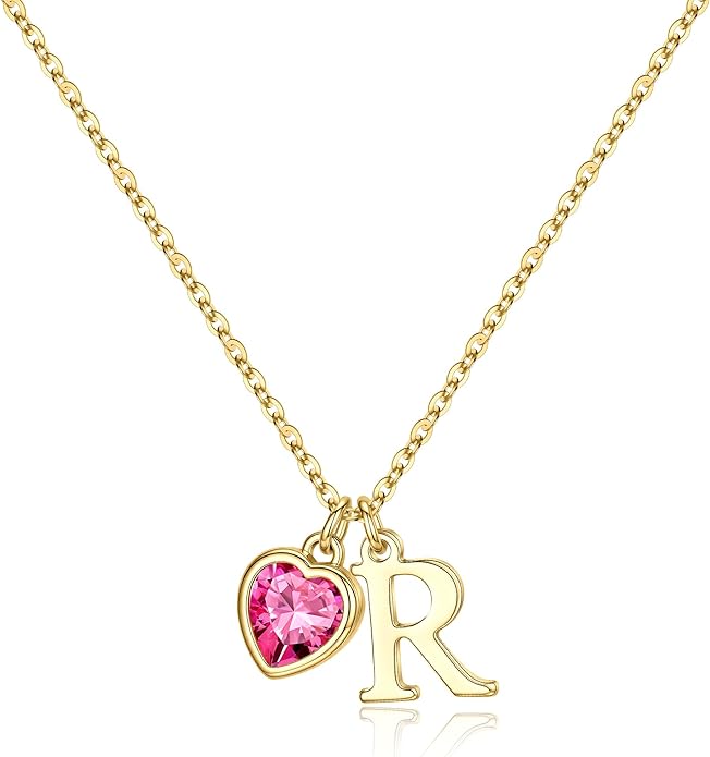 Turandoss Valentines Day Gifts for Her Trendy, Dainty 14K Gold Plated Initial A-Z Heart Birthstone Pendant Necklace Personalized Bridesmaid Birthday Valentines Jewelry Gifts for Women Girls