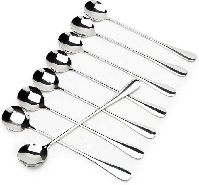 Long-handled ice tea spoon, cocktail stir spoons, stainless steel coffee spoons, ice cream scoop Set of 8 (Silver, Round)