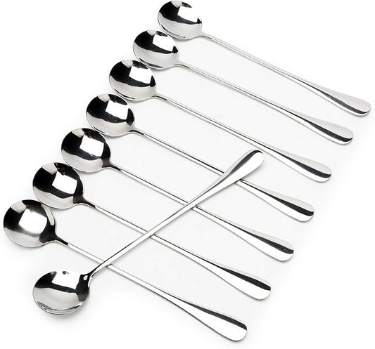 Long-handled ice tea spoon, cocktail stir spoons, stainless steel coffee spoons, ice cream scoop Set of 8 (Silver, Round)