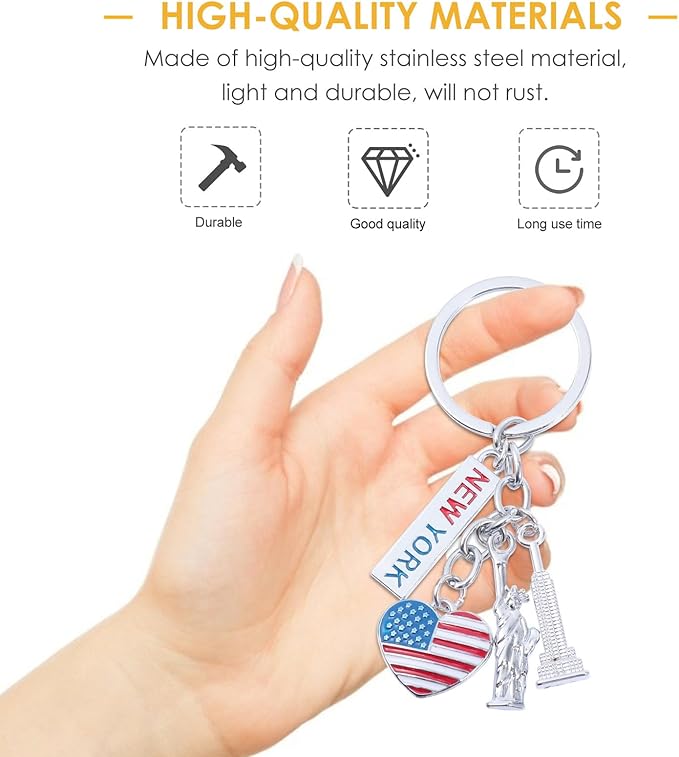 jojofuny Statue of Liberty Keychain with Multi Charms - New York USA Souvenir Collection Featuring Liberty, Flag, Heart & Pentagon, Patriotic Present for Travelers & Americans