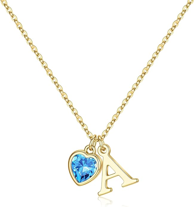 Turandoss Valentines Day Gifts for Her Trendy, Dainty 14K Gold Plated Initial A-Z Heart Birthstone Pendant Necklace Personalized Bridesmaid Birthday Valentines Jewelry Gifts for Women Girls