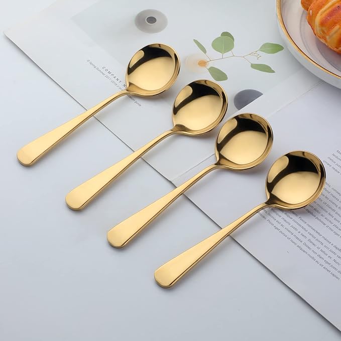 Buyer Star 8 Pieces Stainless Steel Round Soup Spoon, 6.3 Inch Mirror Polished Spoon Cutlery, Dishwasher Safe (Gold)