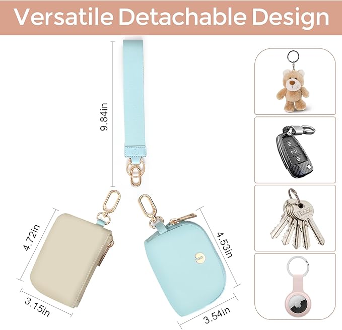 Dual Pouch Wristlet Keychain Wallets for Women with 2 Detachable Zipper Coin Purse - Small and Portable Mini Card Wallet for Women Men Gold Hardware Ice Blue+Khaki