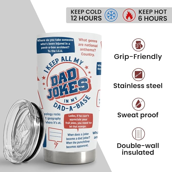 SANDJEST Dad Jokes Insulated Tumbler with Lid - 20oz Stainless Steel Mug for Father - Funny Coffee Cup for Travel Sport Office, Gift for Birthday Father’s Day