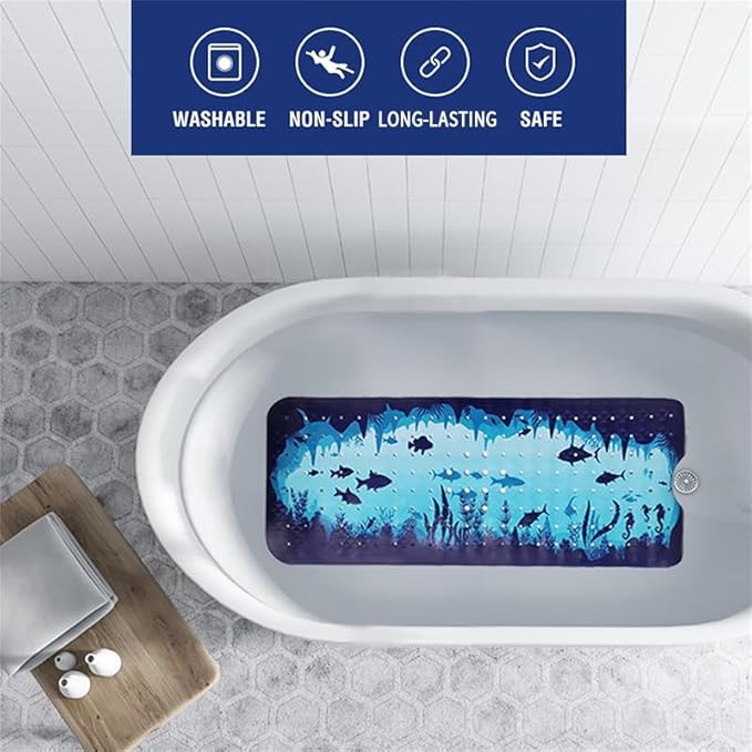 Blue Bathtub Mat Non Slip 40x16in Extra Long Bath Mat for Tub Funny Cute Ocean Animals Anti Slip Shower Mat for Bathroom with Large Drain Holes and Suction Cups Quality Bath Mats and Bathtub Decor