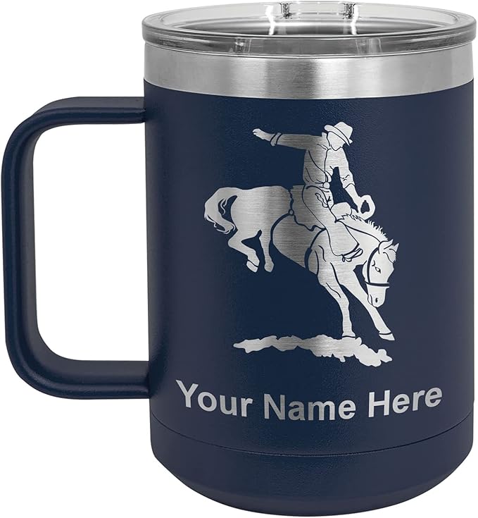 LaserGram 15oz Vacuum Insulated Coffee Mug, Bronco Rider, Personalized Engraving Included (Navy Blue)