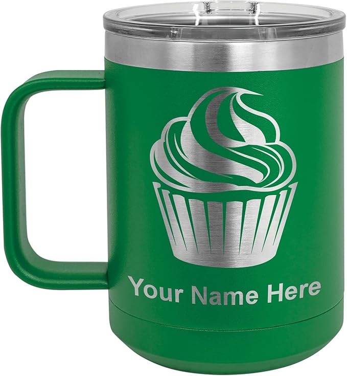 LaserGram 15oz Vacuum Insulated Coffee Mug, Cup Cake, Personalized Engraving Included (Green)