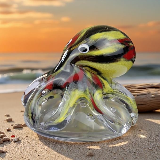 Hand Blown Art Glass Octopus Figurine on Crystal Bubble Ball | Handmade Sea Creature Collectible, Ocean Theme Desk Paperweight & Aquarium Decor