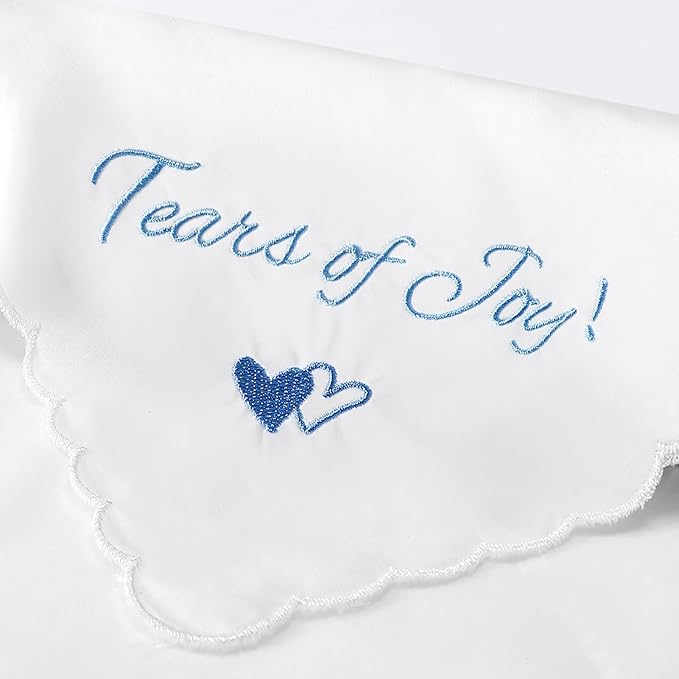 Wedding Handkerchief Something Blue for Bride, Mother Father of the Brides Groom Gifts, Embroidered Happy Tears Cotton Hanky