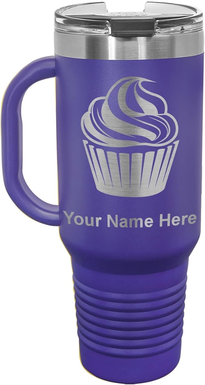 LaserGram 40oz Vacuum Insulated Travel Mug with Handle, Cup Cake, Personalized Engraving Included (Dark Purple)