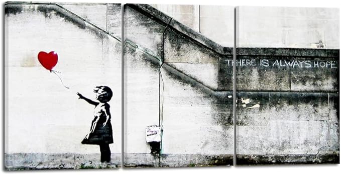 Wieco Art Banksy Grafitti Girl with Red Balloon Modern 3 Piece Famous Canvas Paintings Wall Art Inspirational Grey Love Pictures Print Artwork for Dining Room Kitchen Home Office Decor