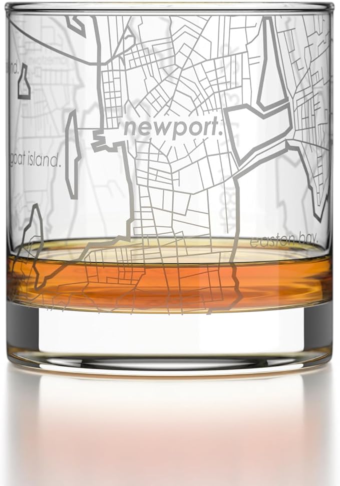 Well Told Engraved Newport Rhode Island Map Rocks Glass, Old Fashioned Glassware (11 oz, Clear) Etched Bourbon Tumbler, Gifts For Whiskey Lovers