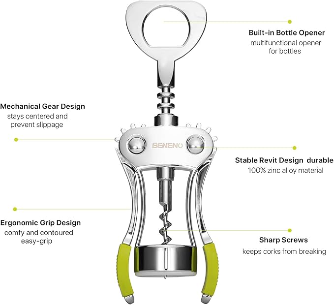 Beneno Wine Opener, Zinc Alloy Premium Wing Corkscrew with Multifunctional Bottles Opener, Sharp Wine Corkscrew with Ergonomic Non-Slip Wing Handle, Green