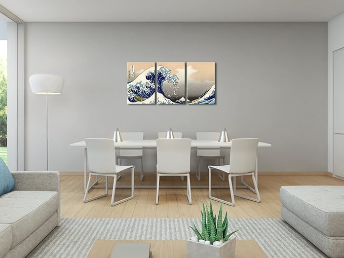 Wieco Art Great Wave of Kanagawa Katsushika Hokusai 3 Piece Modern Stretched Canvas Prints Artwork Abstract Pictures Paintings on Canvas Wall Art for Home Office Decorations Wall Decor