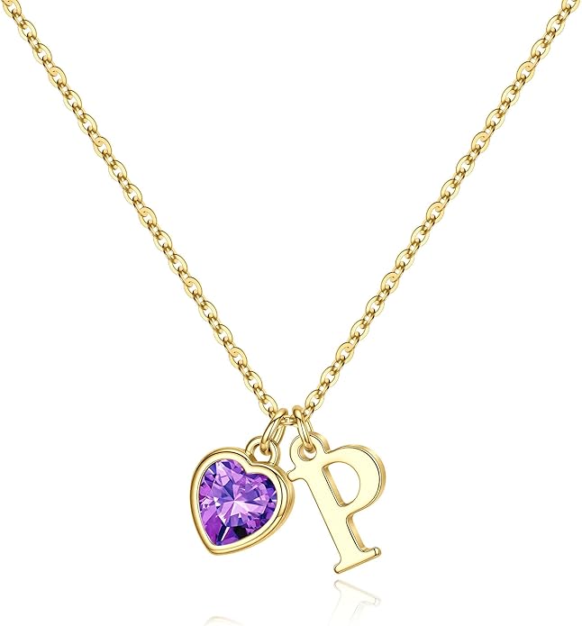 Turandoss Valentines Day Gifts for Her Trendy, Dainty 14K Gold Plated Initial A-Z Heart Birthstone Pendant Necklace Personalized Bridesmaid Birthday Valentines Jewelry Gifts for Women Girls