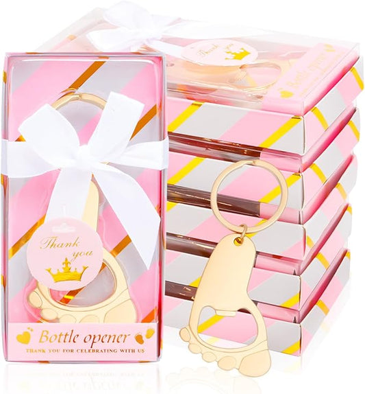24Pcs Baby Girl Foot Keychain Footprint Bottle Openers Small Foot Bottle Opener Keychain Souvenir for Guests Baby Shower Return Gift for Party Favors with Pink Boxes Gifts or Decorations